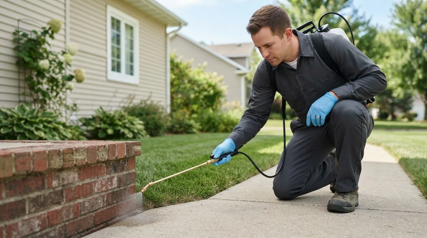 Pest control technician treating a home near Oakley, KS